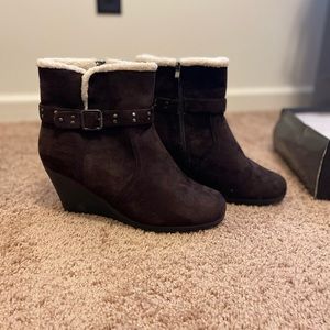 Brown wedge booties
